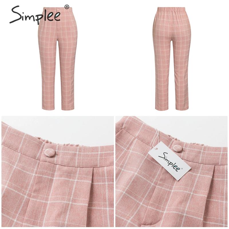 Pink plaid cropped pants with tapered legs, elastic waistband and front/back views