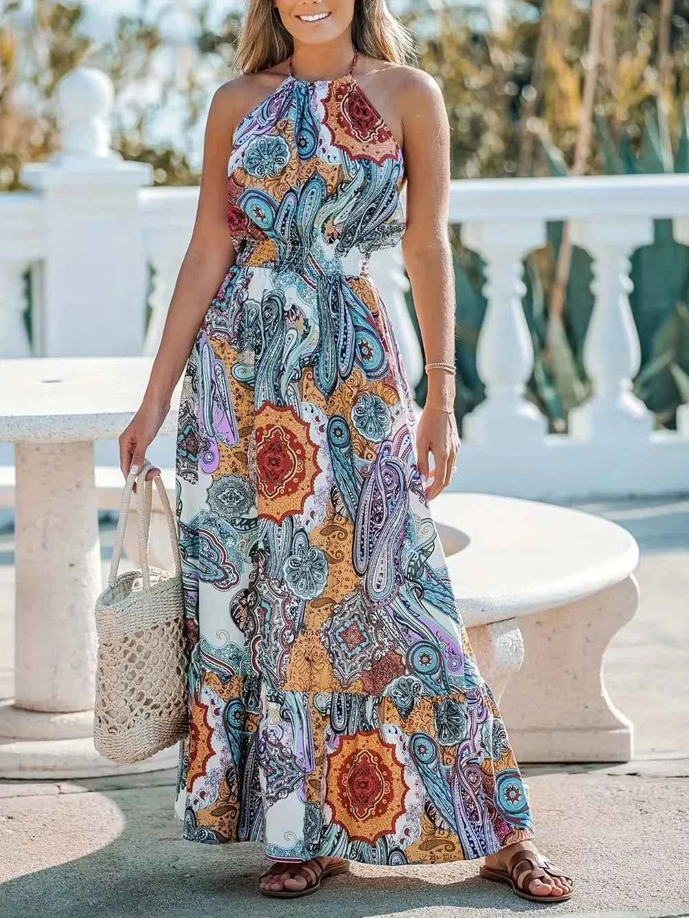 Zebra Print Halter Maxi Dress - Pastel Blue Lace Up