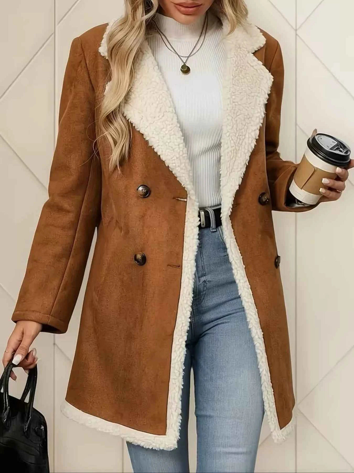 Caramel Suede Shearling Coat - Double Breasted Sherpa Lapel Jacket