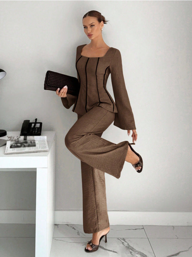 Brown wide-leg pants set with shaped square-neck top and flared sleeves
