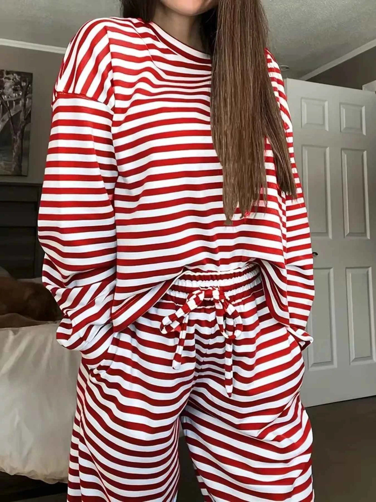 Striped Lounge Set - Relaxed Oversized Top Wide Leg Pants