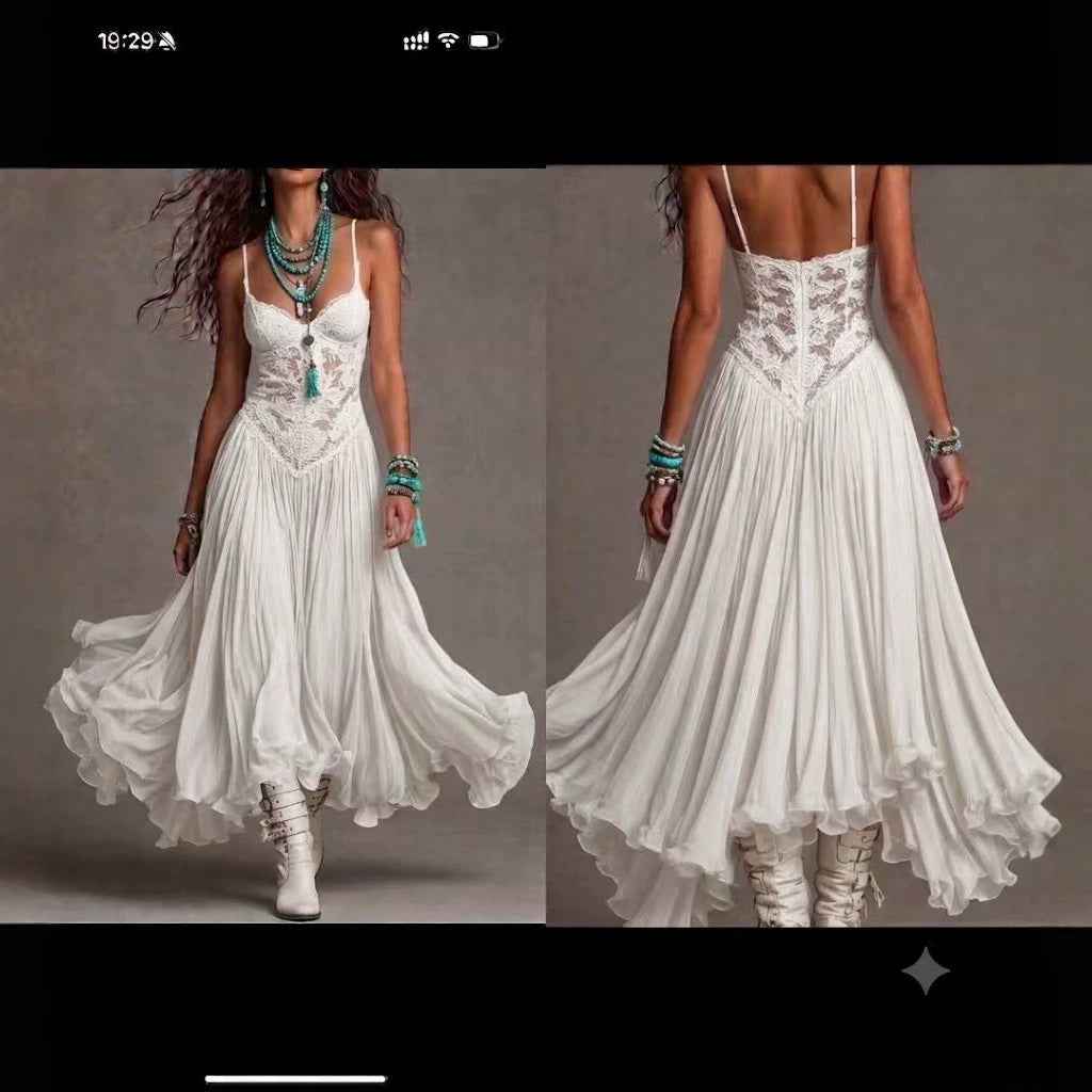 Lace Bodice Flowing Maxi Dress - Thin Straps and Layered Hem