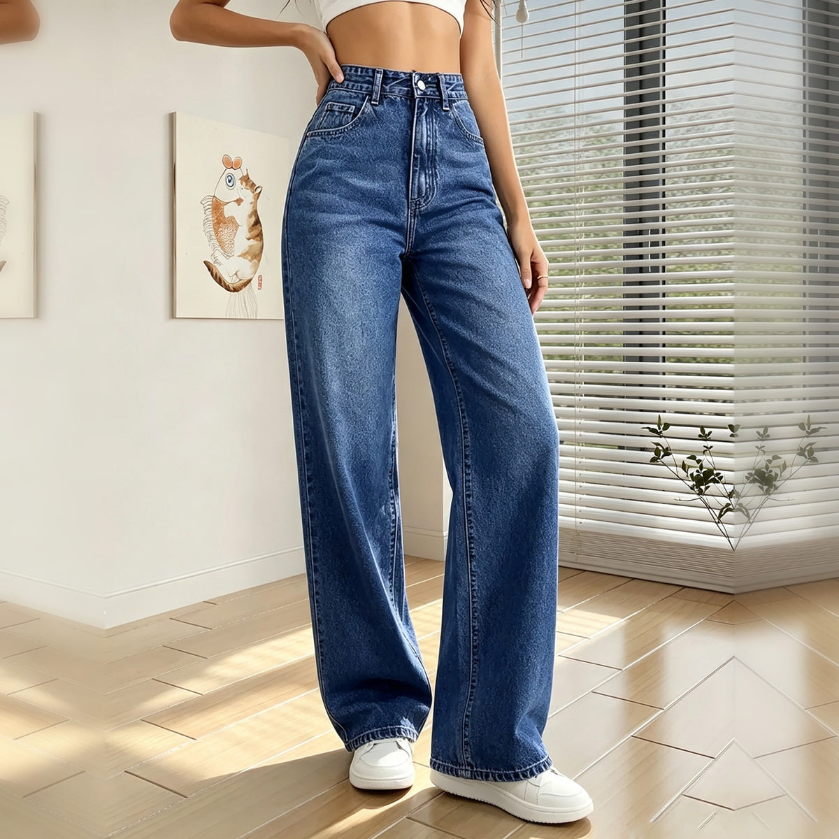 Blue High-Waist Wide-Leg Jeans - Classic Pocket Detail