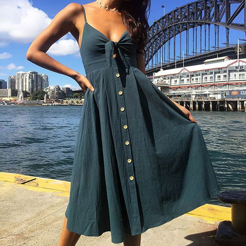 Dark teal tie-front midi dress with V neckline, button placket, and side slit