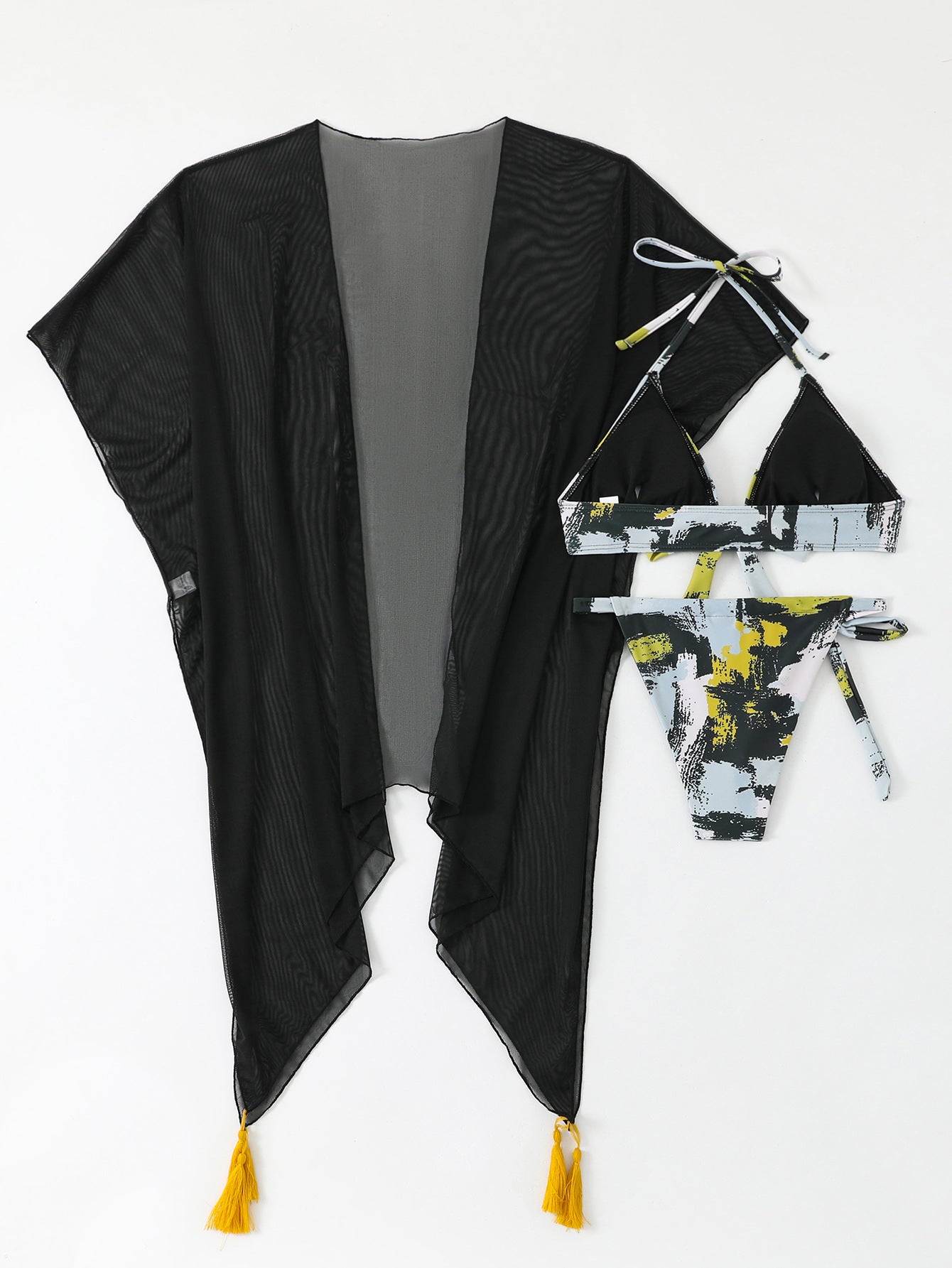 Black Mesh Cover-Up Bikini Set - 3 Piece Abstract Print