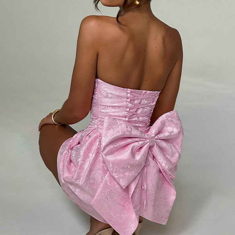 Jacquard Strapless Bow Mini Dress - A-Line Prom Gown