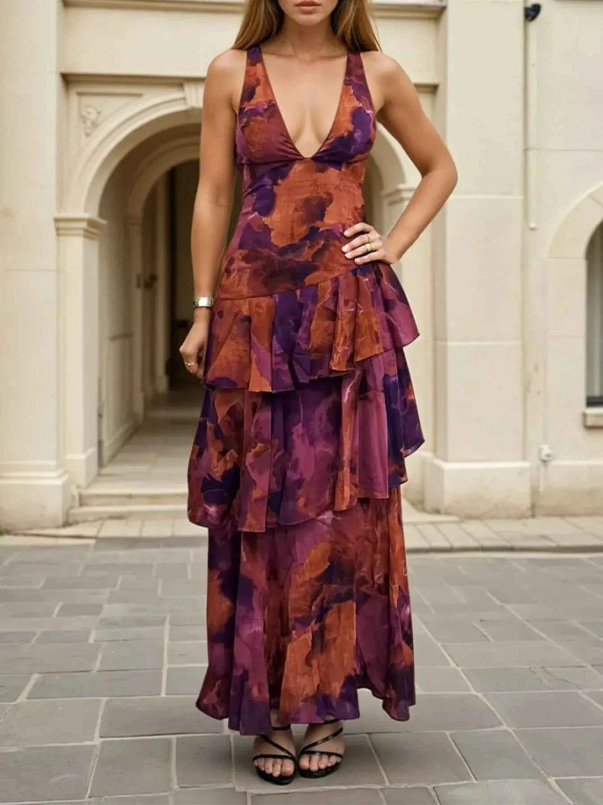 Deep Purple Floral Tiered Maxi Dress - Lace Up Open Back