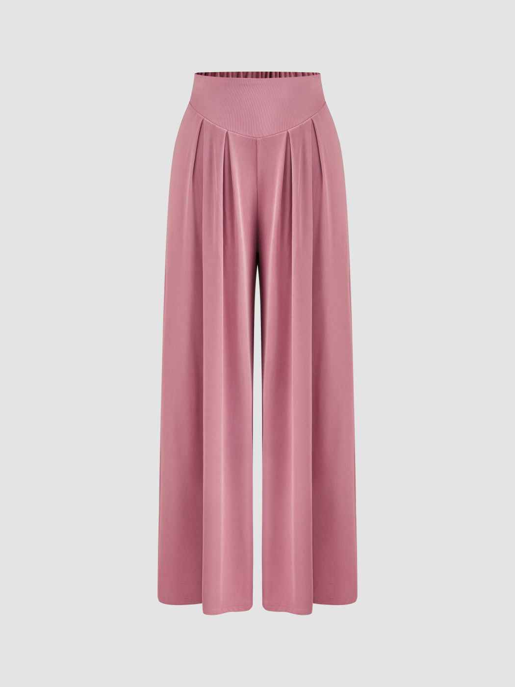 Pink V-Neck Crop Top Wide Leg Pants Set - Pleated Shoulder