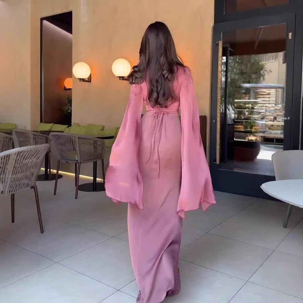 Long Sleeve Maxi Dress - Draped Bodice and Split Sleeves