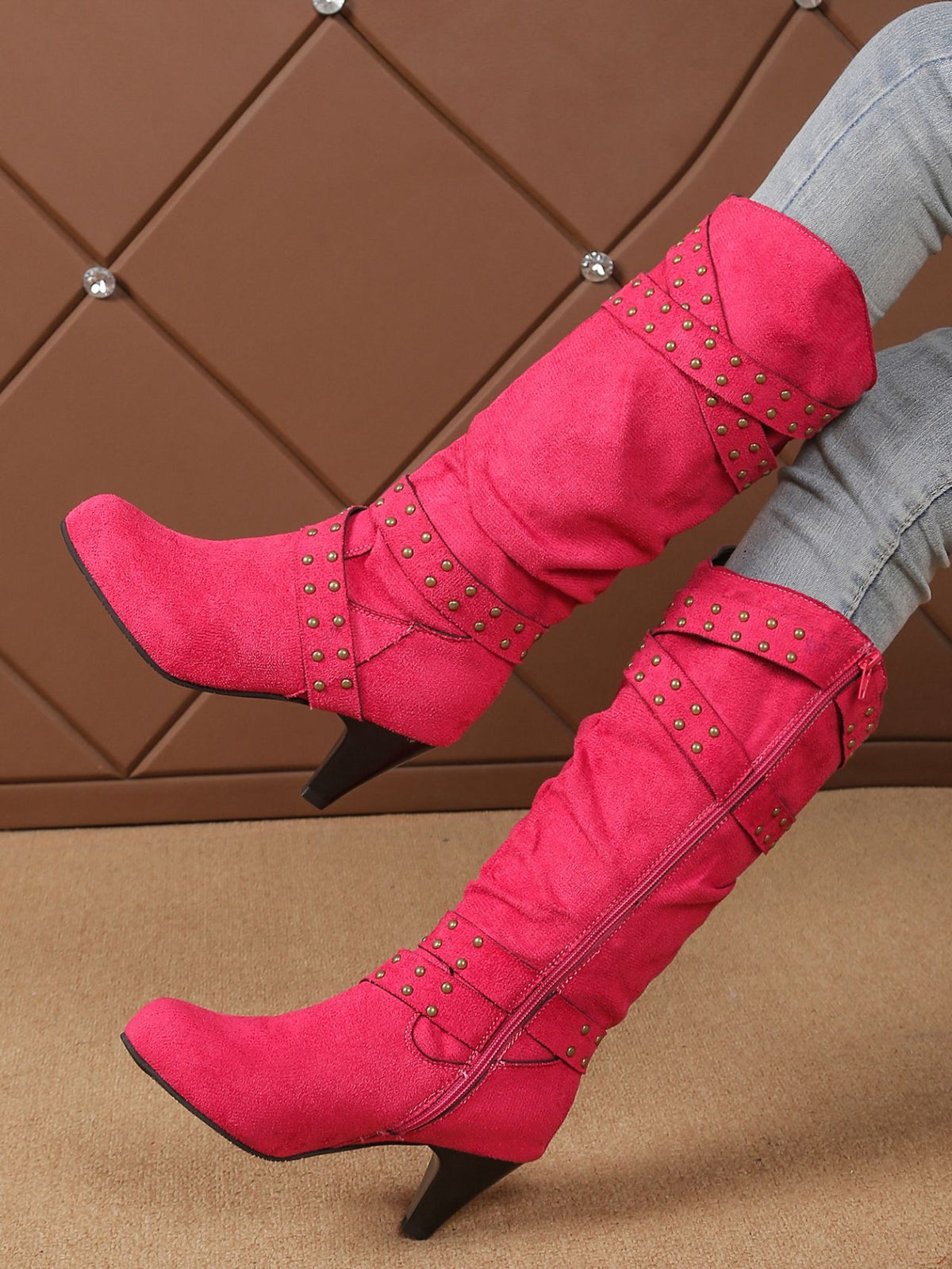 Rose red tall western boots with studded straps and side zipper