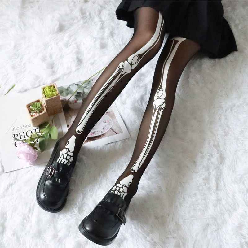 Black Skeleton Pantyhose - Full Leg Bone Print
