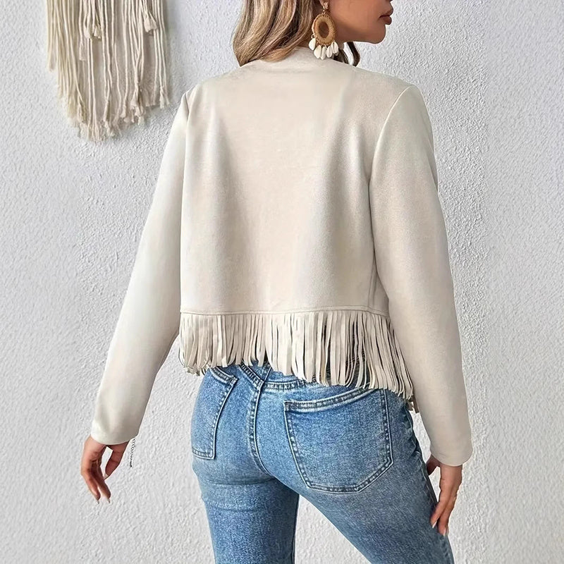 Fashions Envy Suede Fringe Trim Jacket - Open Front Western Style