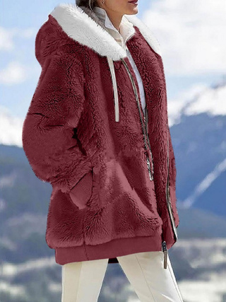 Warm Plush Hooded Jacket - Long Sleeves With Zippered Pockets