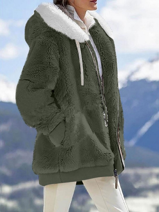 Warm Plush Hooded Jacket - Long Sleeves With Zippered Pockets