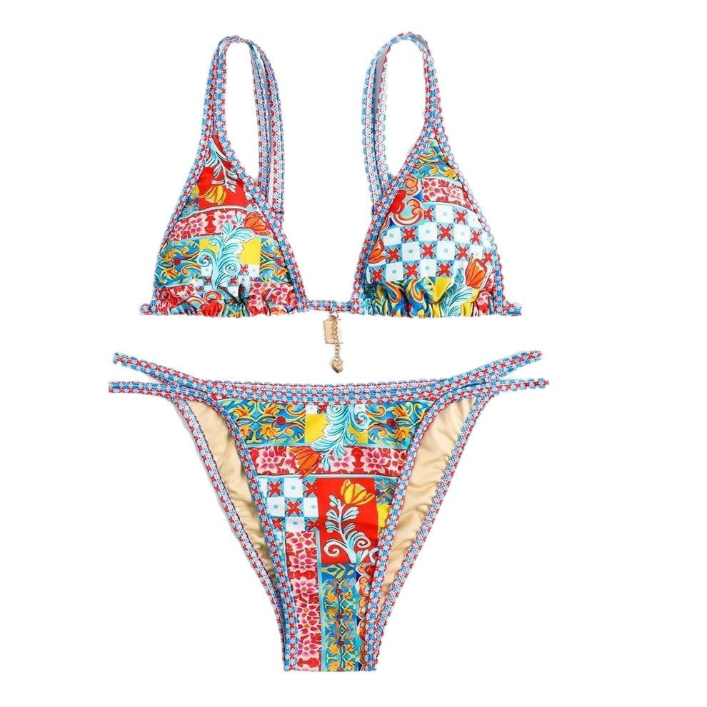 Colorful Floral Bikini Set - Triangle Top Chain Charm