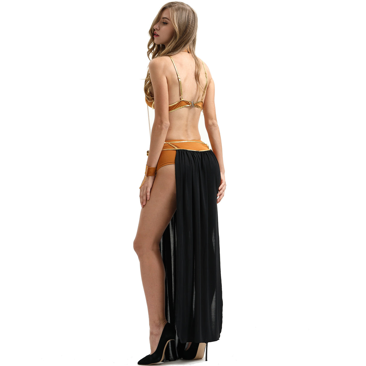 Velvet slave princess costume set back view with gold halter top and black long skirt