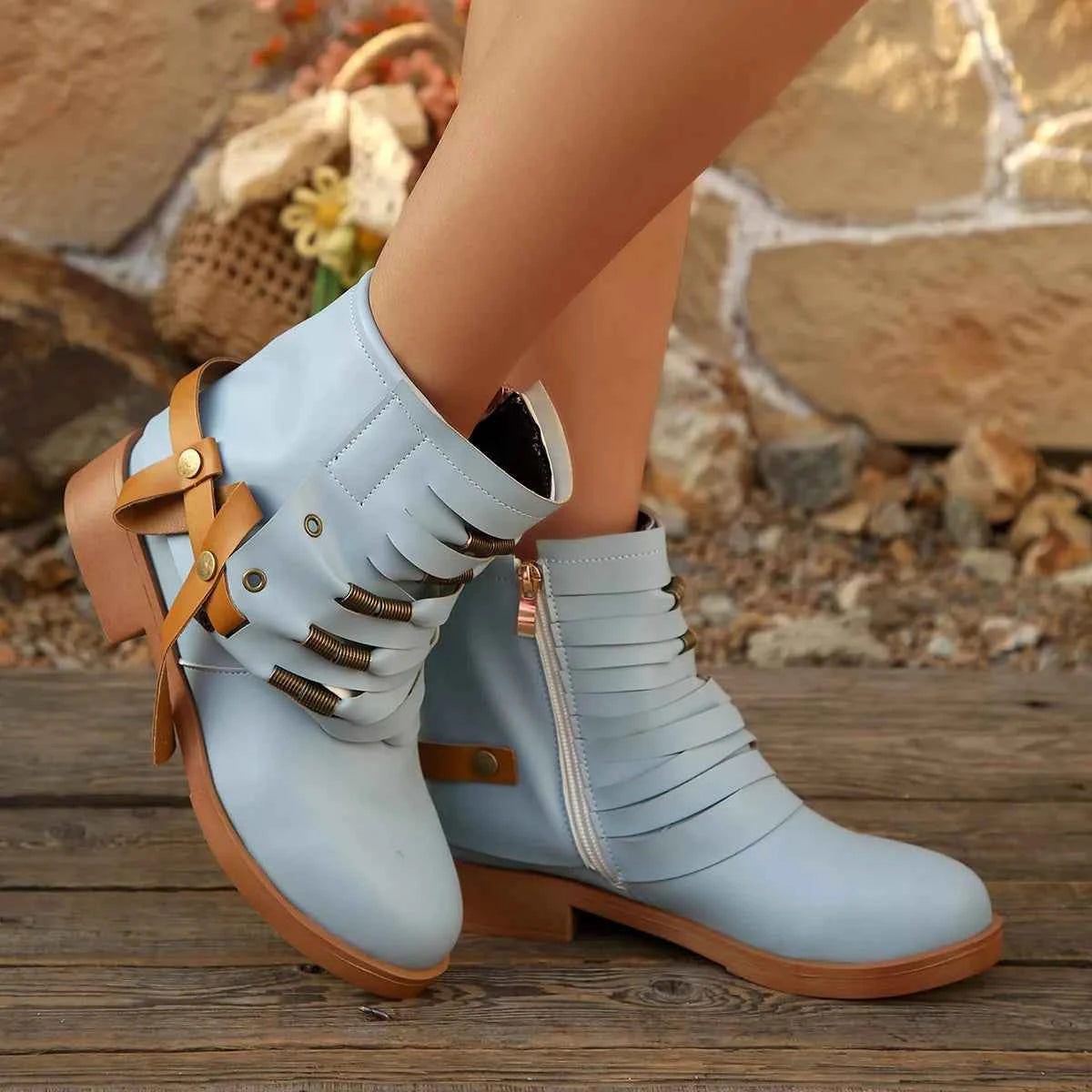 Multi-Strap Buckle Ankle Boot - Zipper Hardware Detail