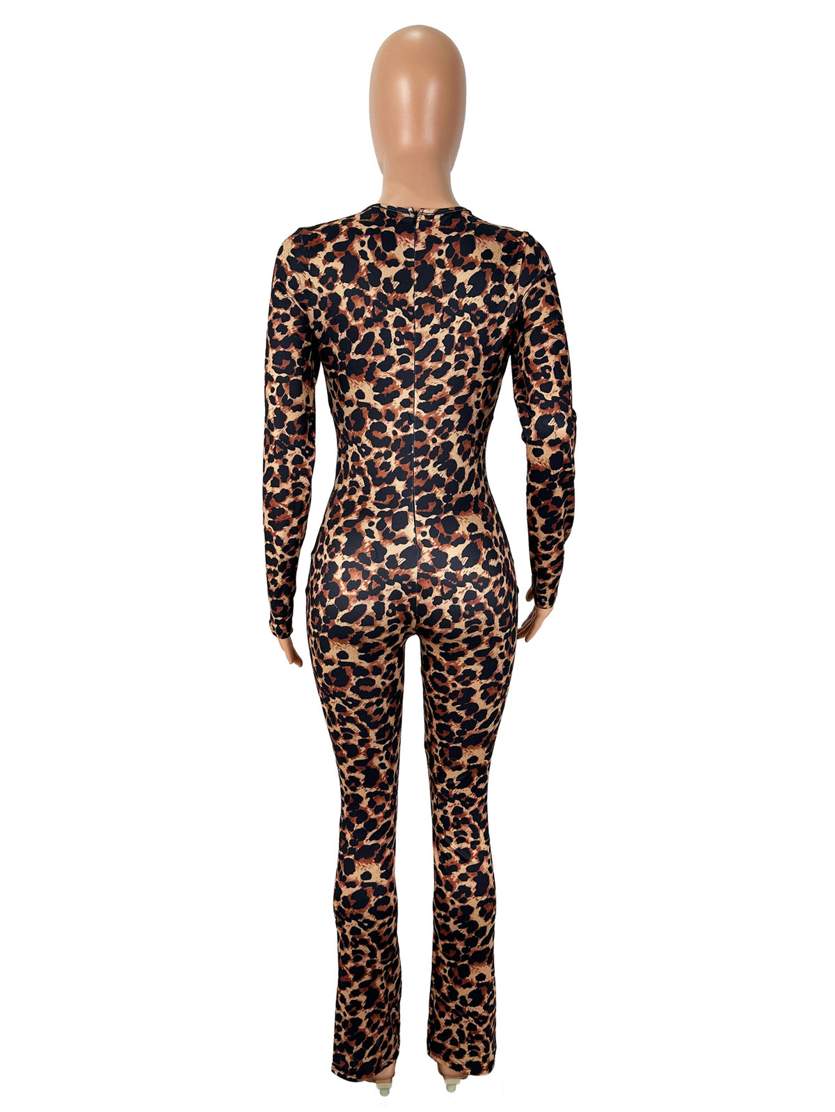 Leopard Lace Trim V-Neck Jumpsuit - Long Sleeve Flare Leg