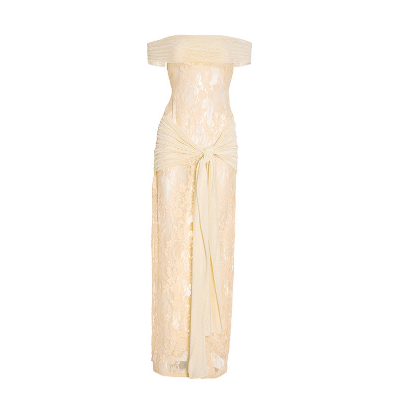 Sheer Mesh and Lace Maxi Dress - Sleeveless Off-Shoulder