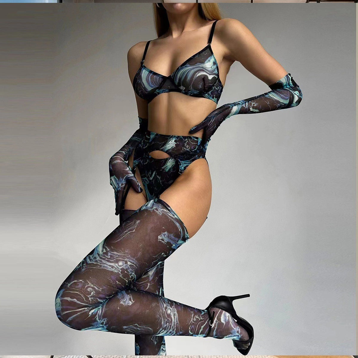 Abstract Print Mesh Five-Piece Lingerie Set - Garter and Gloves