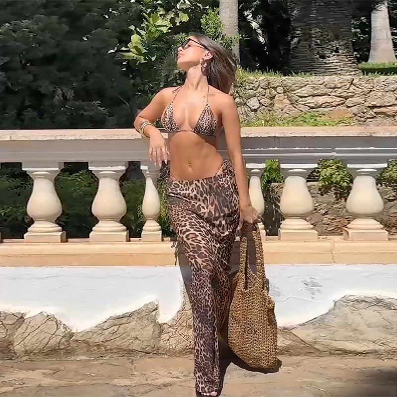 Vacation Style Leopard Bikini Set - Maxi Skirt Cover-Up