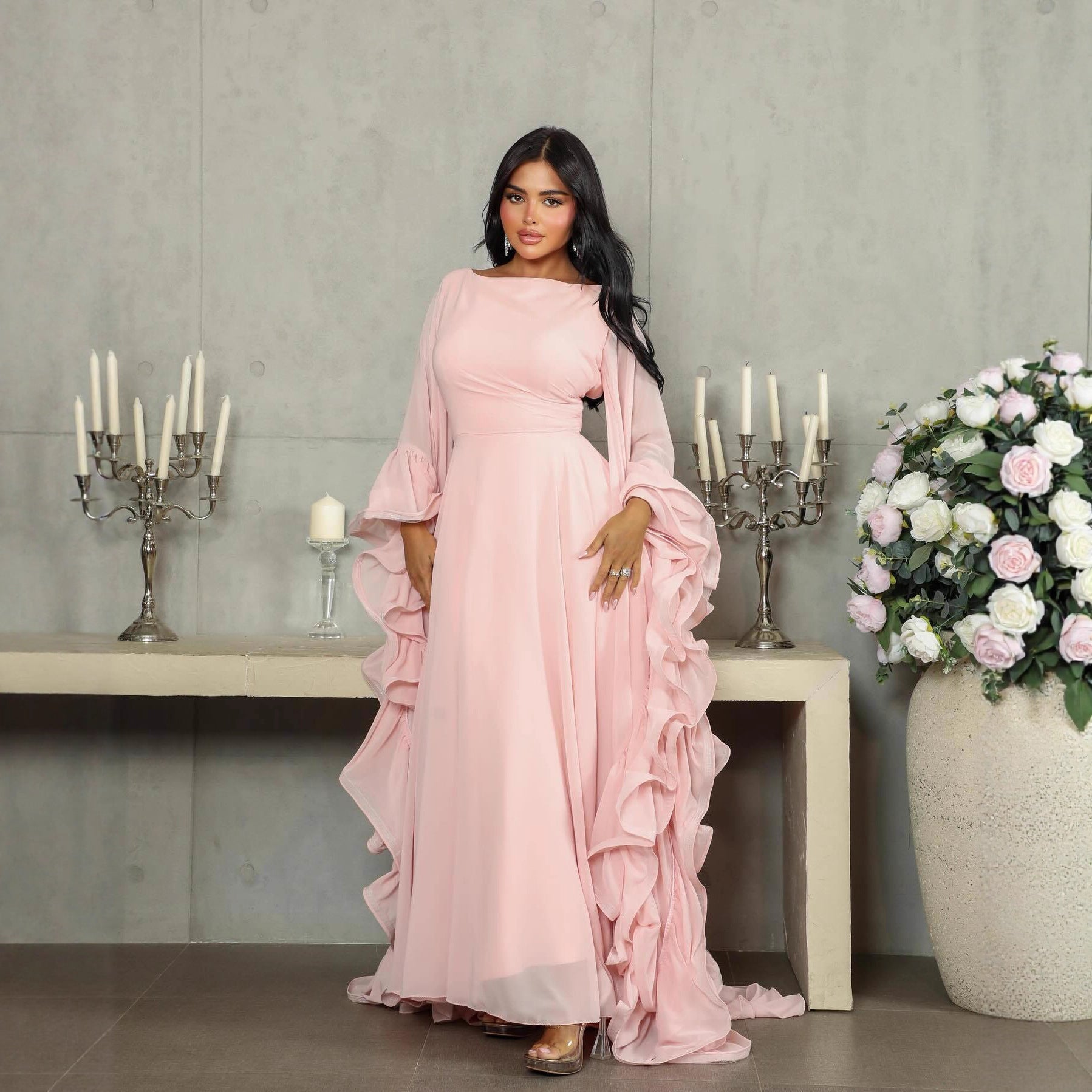 Pink Tulle Prom Gown - Long Sleeve A-Line Ball Dress