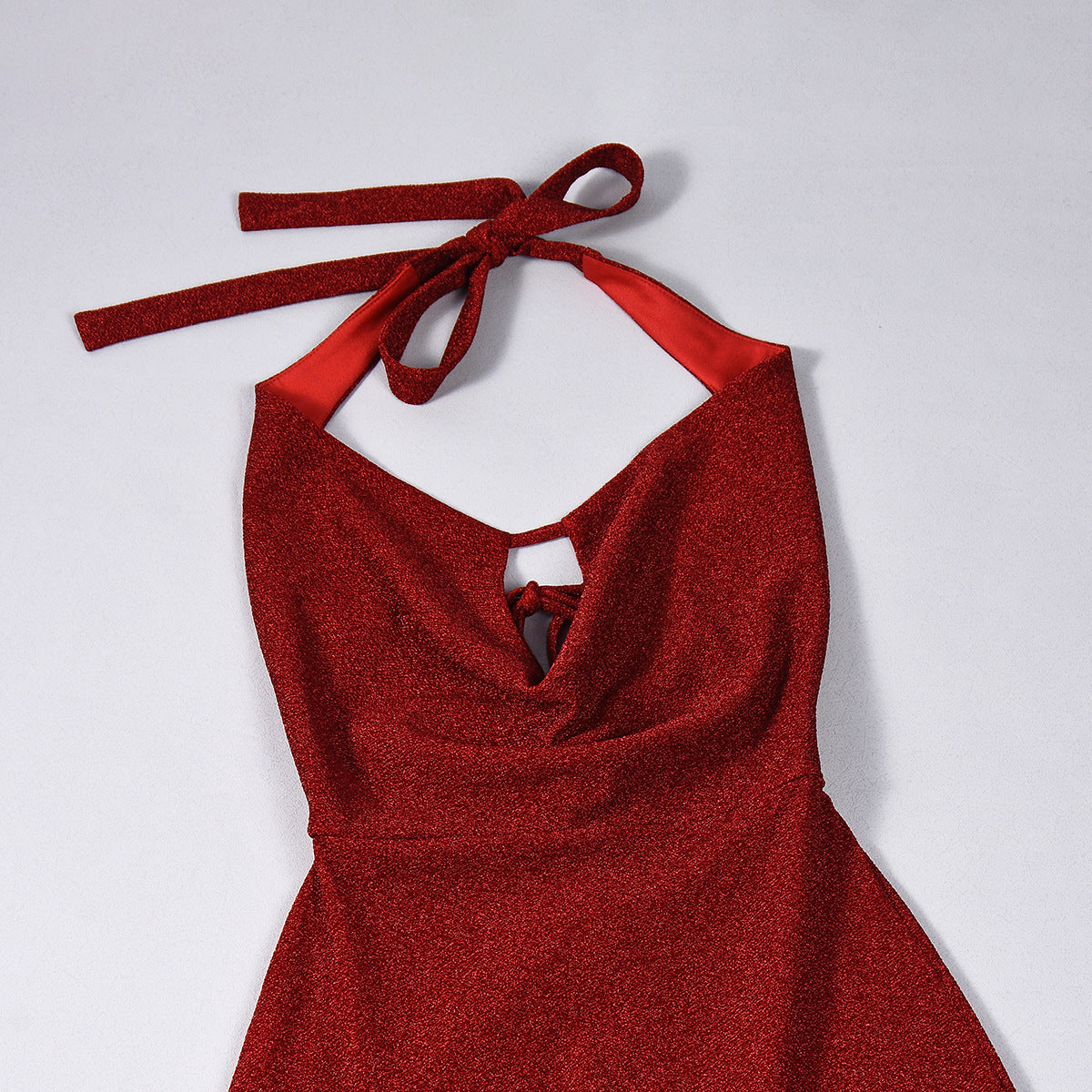 Red Halter Tie Backless Jumpsuit - Deep V Keyhole Wide Leg Flare