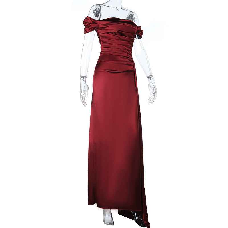 Satin Maxi Dress - Deep Red Off Shoulder High Slit