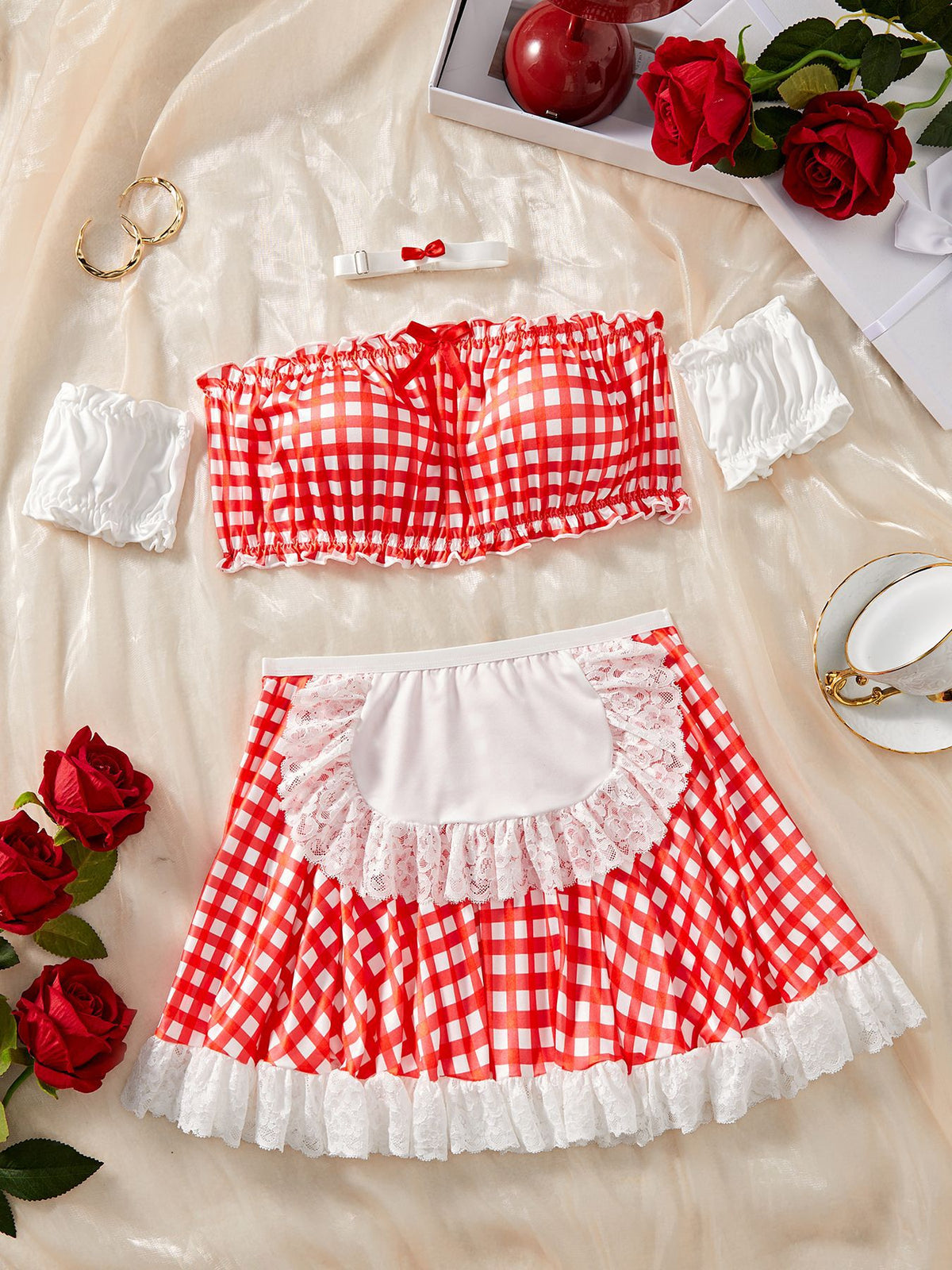 Red Gingham Maid Lingerie - Ruffled Crop Top And Skirt