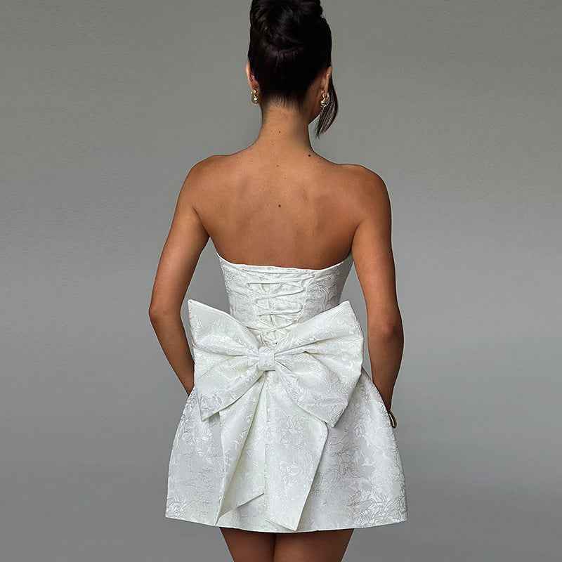 Jacquard Strapless Bow Mini Dress - A-Line Prom Gown