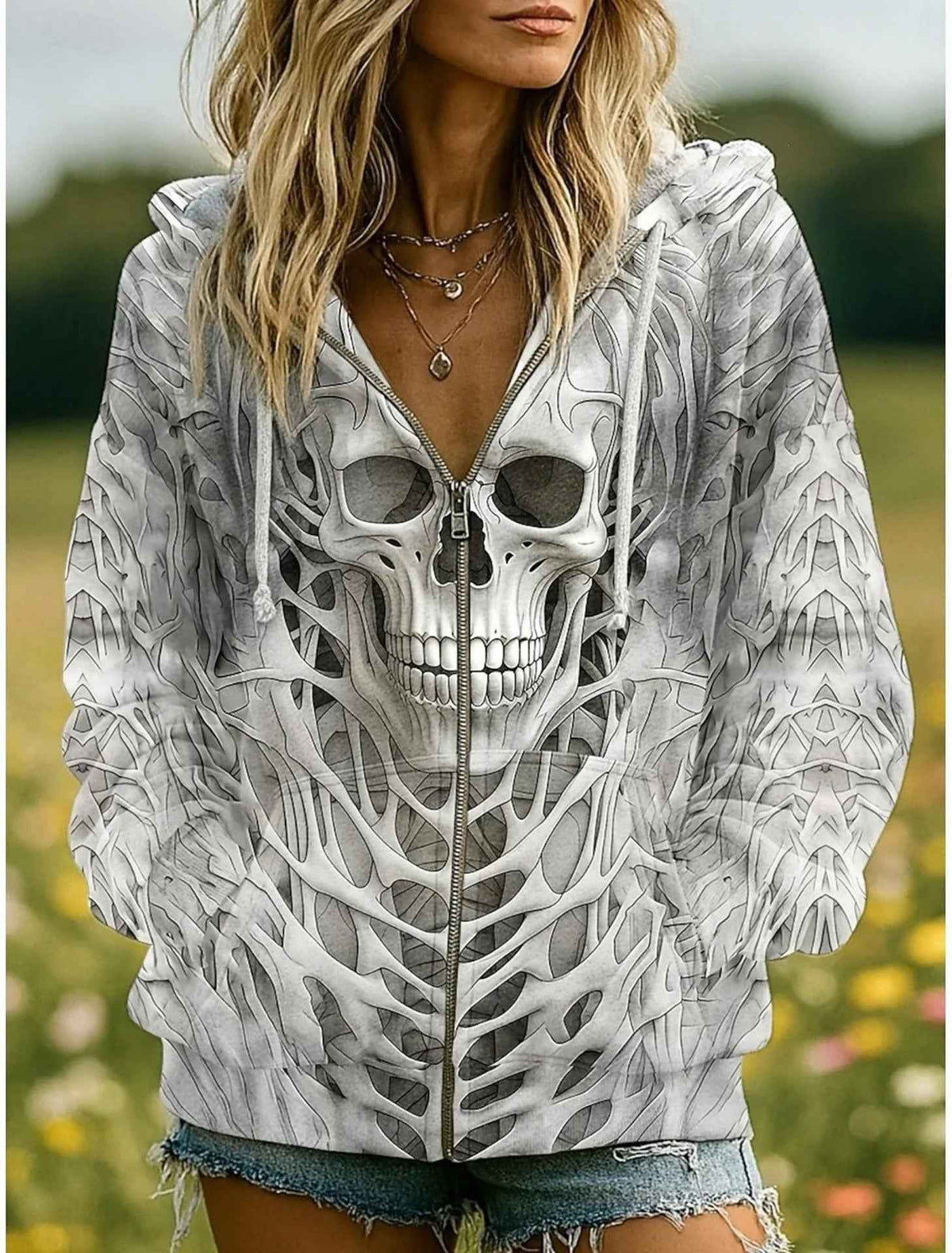 Halloween Graphic Zip-Up Hoodie - Drawstring Hood Pockets