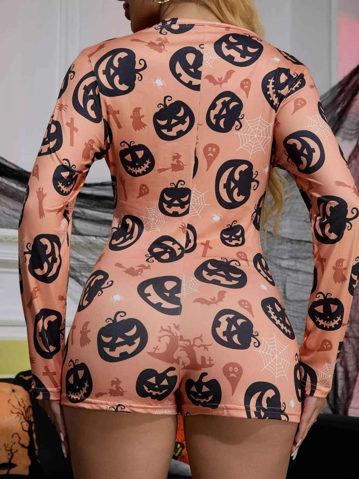 Halloween Print Lounge Romper - Button-Front Long Sleeve