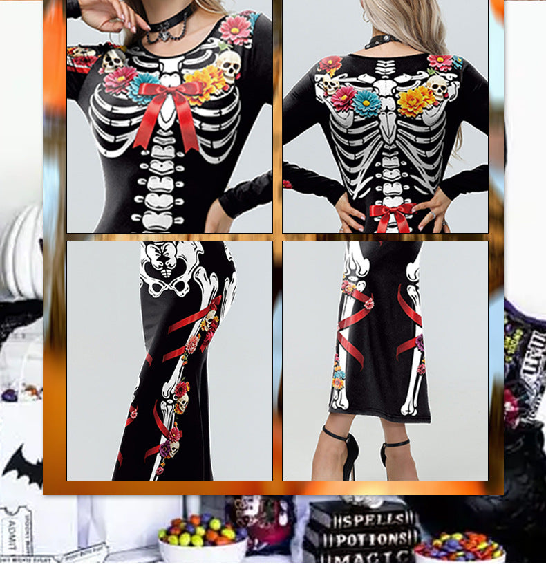 Halloween Skeleton Midi Dress - Floral Print & Long Sleeves