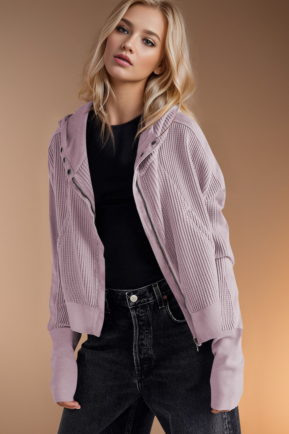 Double Take Waffle-Knit Zip Up Long Sleeve Hooded Jacket - Fashions Envy
