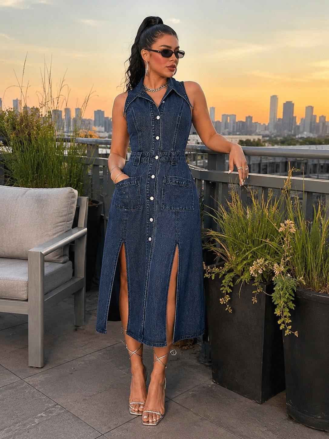 New Women's Retro-Style Washed Blue Collared Sleeveless Single-Breasted Denim Dress With Slits And Pockets, Summer Outfits For Women