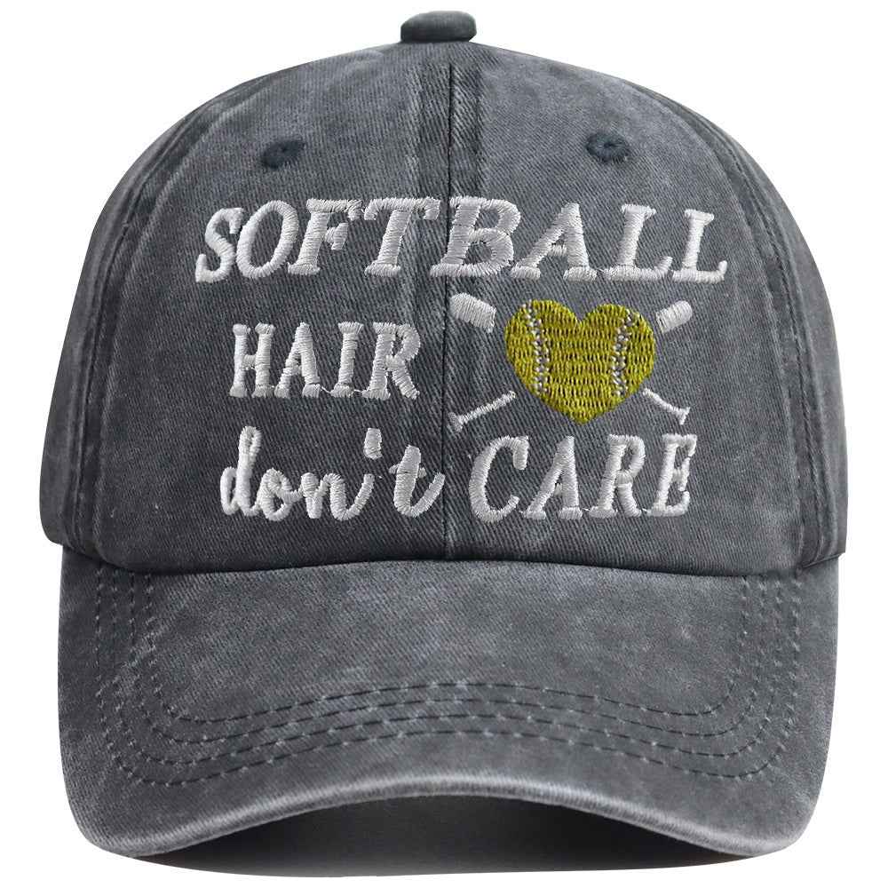 Softball Hair Don't Care Embroidered Washed Baseball Cap, Vintage Distressed Hat For Women Softball Lover