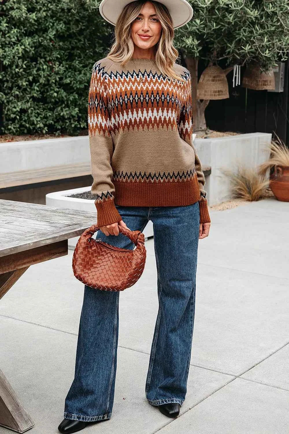 Zigzag Fair Isle Crew Neck Sweater - Taupe Rust Multicolor Knit