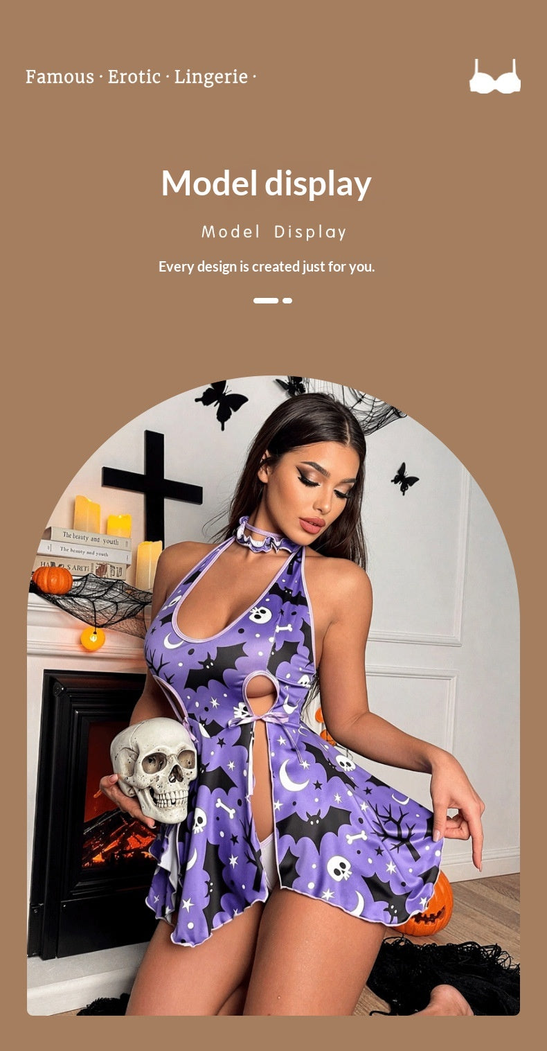 Purple bat-print halter mini dress with bow-tie sides and flared skirt hem