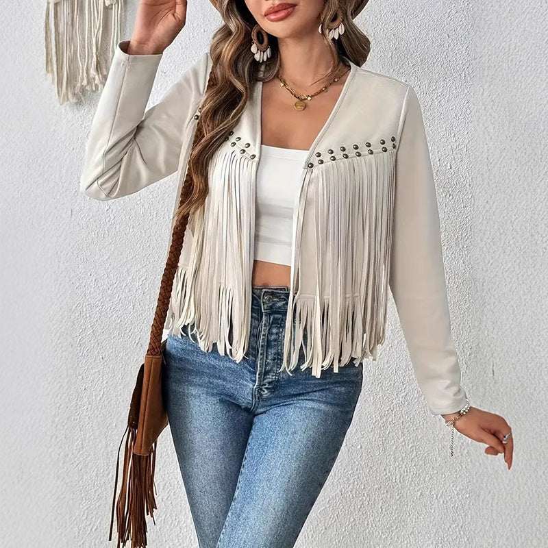 Fashions Envy Suede Fringe Trim Jacket - Open Front Western Style