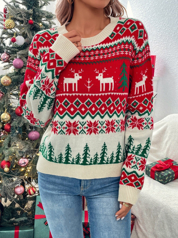 Red reindeer knit sweater with tree and cabin pattern, crew neckline and ribbed cuffs
