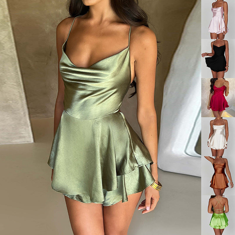Suspender Mini Dress - Satin Backless A-Line Dress