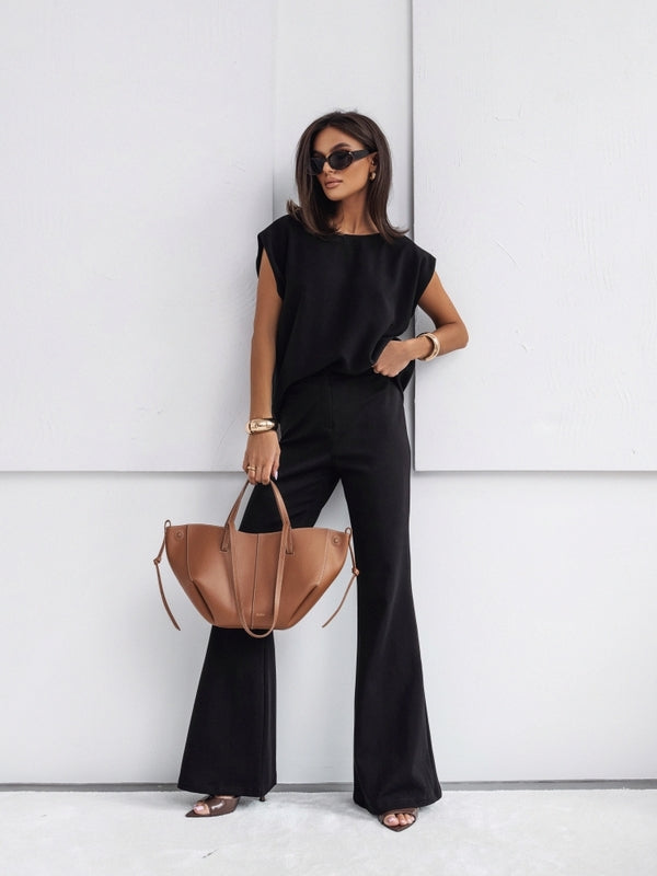 Wide-Leg Pants and Top Set - Crew Neck and Cap Sleeves