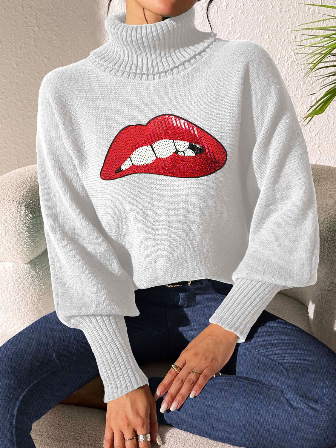 Lip Turtleneck Long Sleeve Sweater - Fashions Envy