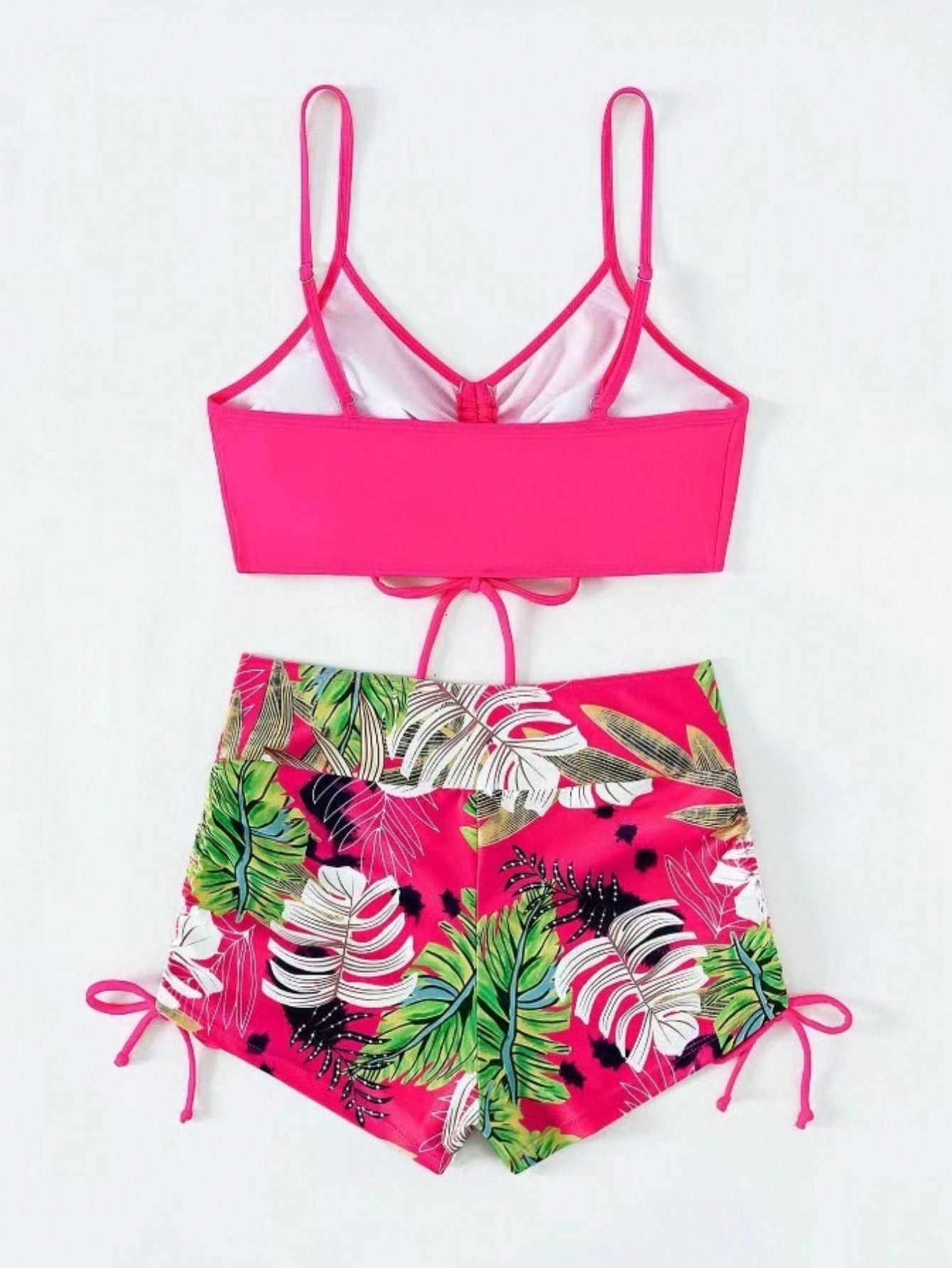 2026 New Hot Pink Front Drawstring Bikini Top & Tropical Leaf Print Side Tie High Waist Shorts Two Piece Swimsuit