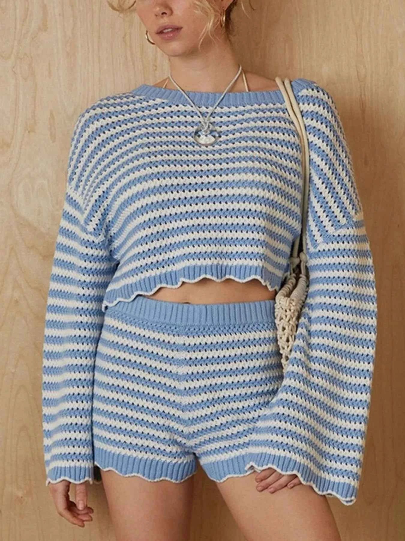 Blue Striped Knit Crop Top and Shorts Set - Scalloped Hem Lace-Up Back