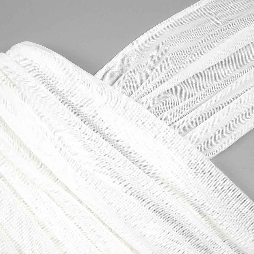 Sheer Mesh Backless Dress - White Halter Long Sleeve