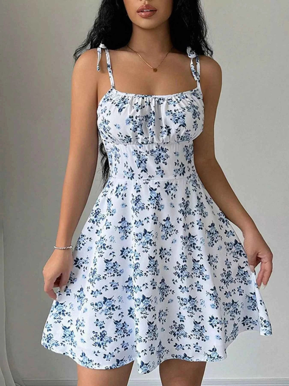 Ditsy Floral Tie Strap Mini Dress - Ruched Bust A-Line