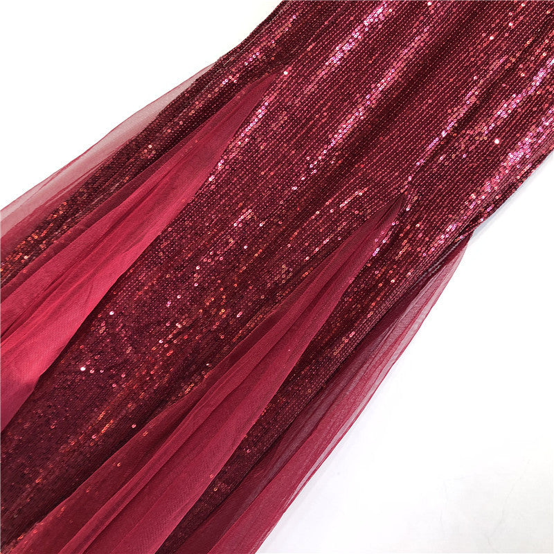 Sequin Mermaid Fishtail Evening Gown - Double V-Neck Tulle Hem