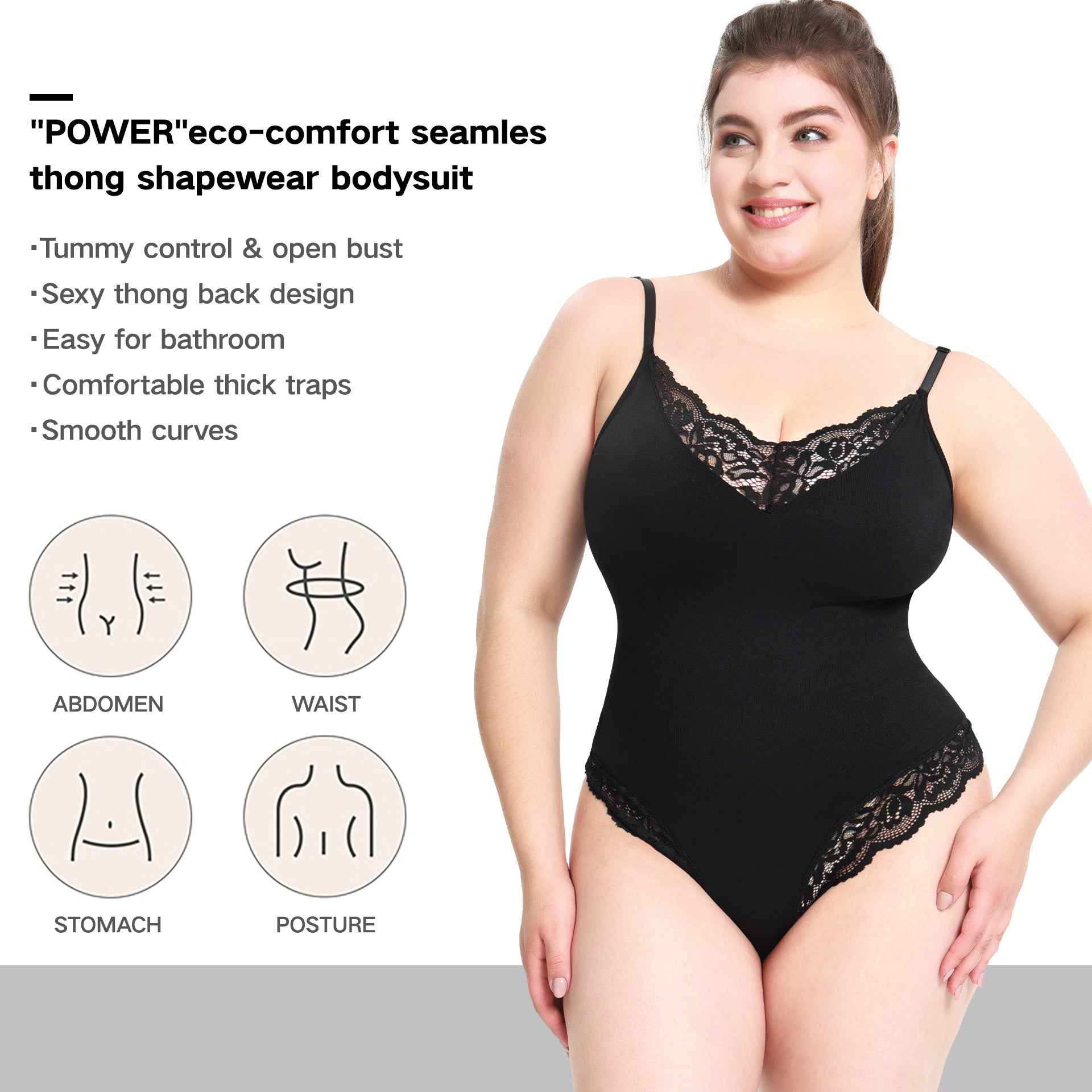 Plus Size Lace Thong Open Crotch Abdominal Support Bodysuit Strap Shapewear Underwear