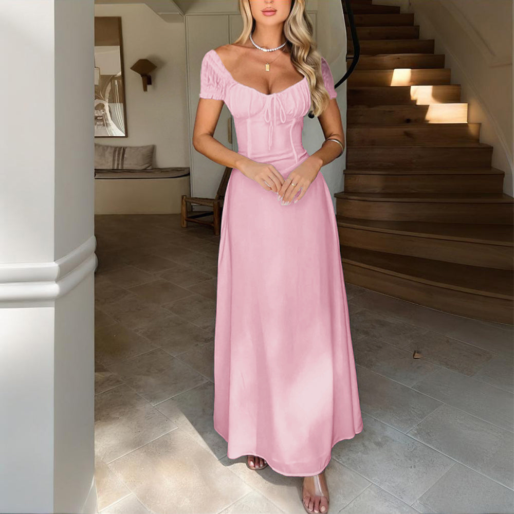 Women's Bohemian Backless Flowy Ruffled Maxi Dress with Adjustable Belt - Summer Vacation